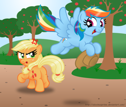 Size: 1024x869 | Tagged: safe, artist:aleximusprime, derpibooru import, applejack, rainbow dash, earth pony, pegasus, pony, blonde mane, blue coat, blue wings, duo, female, mare, multicolored mane, orange coat, wings