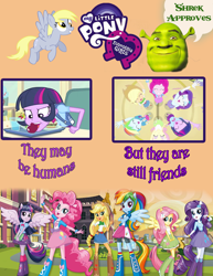 Size: 2550x3300 | Tagged: safe, derpibooru import, edit, screencap, applejack, derpy hooves, fluttershy, pinkie pie, rainbow dash, rarity, twilight sparkle, ogre, equestria girls, equestria girls (movie), apple, food, humane five, humane six, mane six, mouth hold, ponied up, poster, shrek, that's our sid