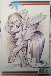 Size: 766x1136 | Tagged: safe, artist:andypriceart, rainbow dash, pegasus, pony, bedroom eyes, clothes, commissioner:ajnrules, dress, gala dress, raised hoof, smiling, solo, spread wings, traditional art, wreath