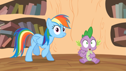 Size: 1365x768 | Tagged: safe, screencap, rainbow dash, spike, dragon, pegasus, pony, it's about time, female, male, mare