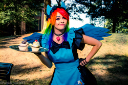 Size: 2048x1365 | Tagged: safe, artist:destinycosplay, rainbow dash, human, clothes, cosplay, cupcake, irl, irl human, maid, photo, solo