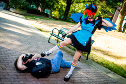 Size: 2048x1365 | Tagged: safe, artist:destinycosplay, rainbow dash, human, 2013, anime weekend atlanta, camera, clothes, convention, cosplay, fingerless gloves, gloves, irl, irl human, kicking, maid, photo, photographer, skirt, upskirt