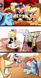 Size: 1920x3600 | Tagged: safe, artist:phoenixperegrine, derpibooru import, applejack, fluttershy, rainbow dash, earth pony, pegasus, pony, blood, blushing, cake, cider, clothes, clumsy, comic, dress, faceplant, food, implied flutterdash, lolita fashion, lolitashy, maid, mess, messy, nosebleed, restaurant, trip, waitress