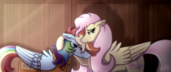 Size: 3000x1265 | Tagged: safe, artist:kikirdcz, derpibooru import, fluttershy, rainbow dash, pegasus, pony, clothes, comforting, crying, female, floppy ears, flutterdash, lesbian, mare, prison outfit, prisoner rd, sad, shipping, signature