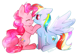 Size: 1404x1001 | Tagged: safe, artist:vailetofficial, derpibooru import, pinkie pie, rainbow dash, earth pony, pegasus, pony, boop, cute, eyes closed, female, lesbian, nose wrinkle, noseboop, nuzzling, pinkiedash, shipping, simple background, spread wings, transparent background, wingboner