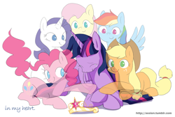 Size: 800x537 | Tagged: safe, artist:sion, derpibooru import, applejack, fluttershy, pinkie pie, rainbow dash, rarity, twilight sparkle, twilight sparkle (alicorn), alicorn, earth pony, pegasus, pony, unicorn, element of magic, female, immortality blues, mare, sad