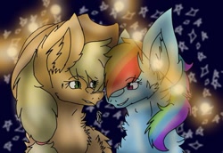 Size: 600x413 | Tagged: safe, artist:schneeflug, artist:sugarthedog, derpibooru import, applejack, rainbow dash, earth pony, pegasus, pony, collaboration, appledash, female, lesbian, night, shipping, stars