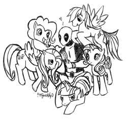 Size: 500x465 | Tagged: artist needed, safe, derpibooru import, fluttershy, pinkie pie, rainbow dash, rarity, twilight sparkle, earth pony, pegasus, pony, unicorn, brush, crossover, deadpool, monochrome