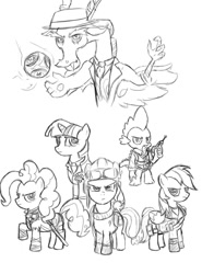 Size: 769x1040 | Tagged: safe, artist:php63, derpibooru import, applejack, discord, pinkie pie, rainbow dash, spike, twilight sparkle, draconequus, dragon, earth pony, pegasus, pony, call of duty, call of duty zombies, crossover, dr. maxis, edward richtofen, nikolai belinski, revelations, revelations (zombies), shadowman, shadowman (cod zombies), sketch, takeo masaki, tank dempsey