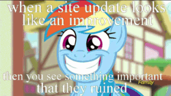 Size: 960x540 | Tagged: safe, derpibooru import, edit, edited screencap, screencap, rainbow dash, pegasus, pony, newbie dash, animated, discovery family, discovery family logo, gif, image macro, meme, obligatory pony, reaction image, reversed, solo, when x and y