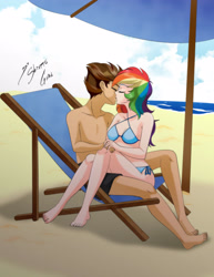 Size: 2153x2786 | Tagged: safe, artist:shinta-girl, derpibooru import, rainbow dash, oc, human, beach, bikini, canon x oc, clothes, commission, couple, female, humanized, kissing, male, shipping, straight, swimsuit, umbrella