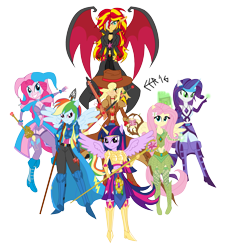 Size: 5793x6449 | Tagged: safe, artist:e-e-r, derpibooru import, applejack, fluttershy, pinkie pie, rainbow dash, rarity, sunset shimmer, twilight sparkle, equestria girls, absurd resolution, armor, clothes, fantasy class, group, humane seven, humane six, knight, mane six, ponied up, simple background, transparent background, warrior, weapon
