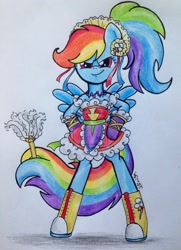 Size: 900x1243 | Tagged: safe, artist:oriwhitedeer, rainbow dash, pegasus, pony, semi-anthro, alternate hairstyle, bipedal, clothes, converse, duster, female, maid, mare, prehensile tail, rainbow dash always dresses in style, shoes, signature, simple background, solo, traditional art, white background