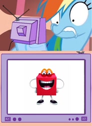 Size: 564x770 | Tagged: safe, rainbow dash, pegasus, pony, exploitable meme, god is dead, happy, happy (mcdonald's), happy (mcdonalds), happy meal, looking at you, mcdonald's, meme, nightmare fuel, obligatory pony, staring into your soul, tv meme, what has science done