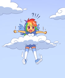 Size: 612x732 | Tagged: safe, artist:hinohimesan, rainbow dash, human, breasts, cloud, cloudy, converse, delicious flat chest, falling, female, humanized, shoes, solo, winged humanization