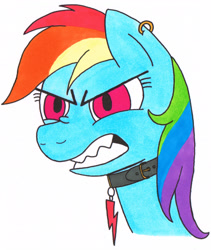 Size: 2856x3380 | Tagged: safe, artist:steam-loco, derpibooru import, rainbow dash, pegasus, pony, angry, collar, cutie mark collar, ear piercing, earring, gritted teeth, jewelry, piercing, simple background, solo