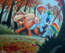 Size: 900x729 | Tagged: safe, artist:yulyeen, derpibooru import, applejack, rainbow dash, earth pony, pegasus, pony, running, running of the leaves, traditional art