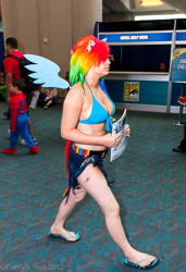 Size: 1365x2000 | Tagged: artist needed, safe, rainbow dash, human, 2012, bikini top, convention, cosplay, feet, flip-flops, irl, irl human, nail polish, photo, san diego comic con, sandals, sdcc 2012