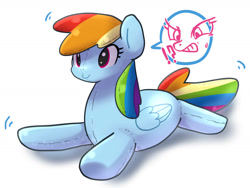 Size: 1600x1200 | Tagged: safe, artist:ayahana, rainbow dash, pegasus, pony, dollified, exclamation point, i have no mouth and i must scream, inanimate tf, interrobang, objectification, pixiv, plushie, plushification, question mark, simple background, solo, sweat, sweatdrop, transformation, white background