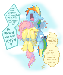 Size: 3802x4545 | Tagged: safe, artist:joehnna, fluttershy, rainbow dash, pegasus, pony, 2013, carrying, dialogue, duo, female, filly, fluttershy being fluttershy, flying, flying lesson, holding a pony, scared, younger