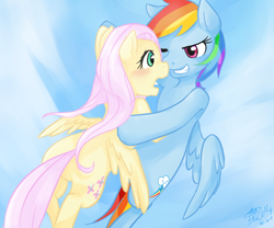 Size: 600x500 | Tagged: safe, artist:starblame, fluttershy, rainbow dash, pegasus, pony, flying, pixiv