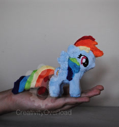 Size: 1600x1706 | Tagged: safe, artist:creativityoverload, derpibooru import, rainbow dash, hand, irl, mini, photo, plushie, solo