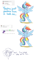 Size: 1280x2145 | Tagged: safe, artist:heir-of-rick, derpibooru import, rainbow dash, pegasus, pony, bipedal, clothes, dialogue, embarrassed, looking back, open mouth, partial nudity, reddit, simple background, solo, spread wings, swimming trunks, swimsuit, topless, underhoof, we don't normally wear clothes, white background