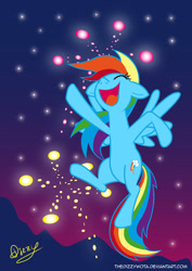 Size: 1024x1449 | Tagged: safe, artist:thedizzywota, rainbow dash, pegasus, pony, blue coat, female, fireworks, mare, multicolored mane, solo