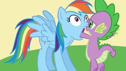 Size: 1920x1080 | Tagged: safe, rainbow dash, spike, dragon, pegasus, pony, frown, open mouth, spread wings, wide eyes