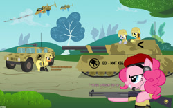 Size: 1024x640 | Tagged: safe, artist:a4r91n, artist:jackthebrony, derpibooru import, applejack, carrot top, derpy hooves, golden harvest, pinkie pie, rainbow dash, earth pony, pegasus, pony, ch-47 chinook, command and conquer, crossover, female, global defense initiative, gun, humvee, mammoth tank, mare, military, orca assault craft, shotgun, tank (vehicle), tiberian dawn, vehicle, weapon