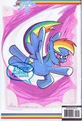 Size: 488x724 | Tagged: safe, artist:thomzahler, idw, rainbow dash, pegasus, pony, comic cover, flying, glare, open mouth, pointing, sketch, smiling, solo, spread wings