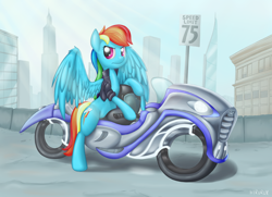 Size: 1600x1157 | Tagged: safe, artist:hirurux, rainbow dash, pegasus, pony, blue coat, female, mare, motorcycle, multicolored mane, solo