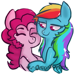 Size: 1024x994 | Tagged: safe, artist:oreomonsterr, derpibooru import, pinkie pie, rainbow dash, earth pony, pegasus, pony, female, hug, lesbian, pinkiedash, shipping, watermark