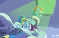 Size: 5100x3300 | Tagged: safe, artist:lostinthetrees, derpibooru import, rainbow dash, pegasus, pony, bathrobe, bed, butt, clothes, green light, morning ponies, plot, robe, solo