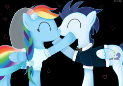 Size: 2048x1442 | Tagged: safe, artist:zuziak100, rainbow dash, soarin', pegasus, pony, braid, clothes, dress, eyes closed, female, heart, kissing, male, marriage, shipping, soarindash, straight, suit, tuxedo, wedding, wedding dress