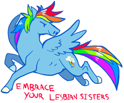 Size: 600x500 | Tagged: safe, artist:jester, rainbow dash, pegasus, pony, drama, female, feminism, flying, glare, lesbian, mouthpiece, smiling, solo, spread wings, tumblr, unshorn fetlocks