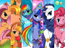 Size: 1448x1078 | Tagged: safe, artist:lizleeillustration, derpibooru import, applejack, fluttershy, pinkie pie, rainbow dash, rarity, spike, twilight sparkle, butterfly, dragon, earth pony, pegasus, pony, unicorn, apple, butt, food, glasses, goggles, mane seven, mane six, plot