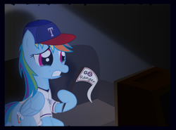 Size: 4679x3467 | Tagged: safe, artist:farminilla, rainbow dash, pegasus, pony, baseball, baseball cap, crying, flag, hat, mlb, solo, sports, texas rangers