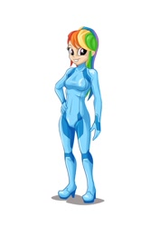 Size: 707x1000 | Tagged: safe, artist:mysticalpha, rainbow dash, human, bodysuit, commission, crossover, humanized, nintendo, samus aran, solo, super smash bros., zero suit