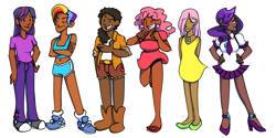 Size: 858x429 | Tagged: safe, artist:hironeko, derpibooru import, applejack, fluttershy, pinkie pie, rainbow dash, rarity, twilight sparkle, clothes, converse, dark skin, humanized, mane six, natural hair color, shoes, why meph why