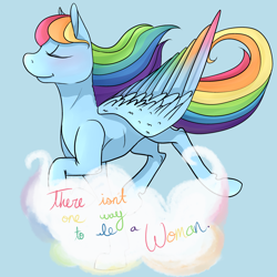 Size: 3300x3300 | Tagged: safe, artist:dozymouse, rainbow dash, pegasus, pony, cloud, eyes closed, feminism, feminist ponies, flying, mouthpiece, positive message, positive ponies, smiling, solo, spread wings, subversive kawaii