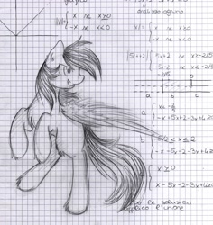 Size: 2233x2364 | Tagged: safe, artist:coffytacotuesday, derpibooru import, rainbow dash, pegasus, pony, algebra, doodle, italian, lined paper, math, monochrome, solo, traditional art