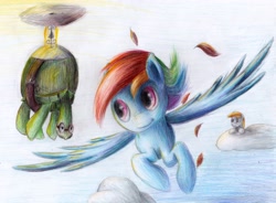 Size: 3321x2444 | Tagged: safe, artist:camyllea, derpibooru import, derpy hooves, rainbow dash, tank, pegasus, pony, cloud, female, flying, mare, sky, traditional art