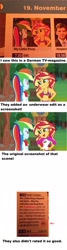 Size: 872x3252 | Tagged: safe, derpibooru import, edit, edited screencap, screencap, rainbow dash, sunset shimmer, equestria girls, legend of everfree, bra, clothes, german, germany, tv guide, underwear, underwear edit