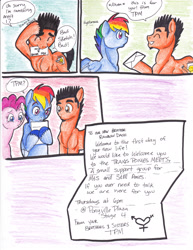 Size: 2552x3304 | Tagged: safe, artist:tristanjsolarez, derpibooru import, pinkie pie, rainbow dash, oc, earth pony, pegasus, pony, comic:trans ponies, comic, facial hair, female, male, mare, simple background, stallion, traditional art, transgender