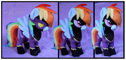 Size: 3674x1753 | Tagged: safe, artist:nazegoreng, derpibooru import, rainbow dash, clothes, costume, goggles, irl, photo, plushie, shadowbolt dash, shadowbolts, shadowbolts costume, solo