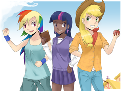 Size: 900x675 | Tagged: safe, artist:sallymon, derpibooru import, applejack, rainbow dash, twilight sparkle, apple, book, humanized, wristband