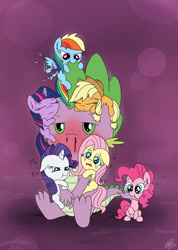 Size: 2469x3461 | Tagged: safe, artist:loreto-arts, derpibooru import, applejack, fluttershy, pinkie pie, rainbow dash, rarity, spike, twilight sparkle, dragon, earth pony, pegasus, pony, unicorn, biting, blood, blushing, crying, cute, dashabetes, diapinkes, eyes closed, flapping, floppy ears, hug, jackabetes, lidded eyes, mane seven, mane six, nom, nosebleed, open mouth, prone, raribetes, sad, shyabetes, sitting, sleeping, spike gets all the mares, twiabetes