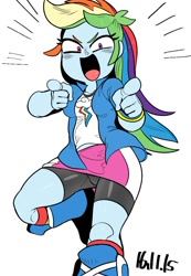 Size: 782x1133 | Tagged: safe, artist:nekubi, derpibooru import, rainbow dash, equestria girls, boots, clothes, compression shorts, cute, gets, jacket, looking at you, multiple variants, pointing, rainbow socks, shoes, shorts, simple background, skirt, skirt lift, smiling, socks, solo, striped socks, thighs, top