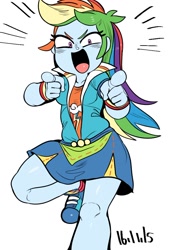 Size: 788x1133 | Tagged: safe, artist:nekubi, derpibooru import, rainbow dash, equestria girls, bracelet, clothes, cute, jacket, jewelry, legs, looking at you, multiple variants, pointing, school spirit, shirt, shoes, simple background, skirt, smiling, sneakers, solo, wondercolts